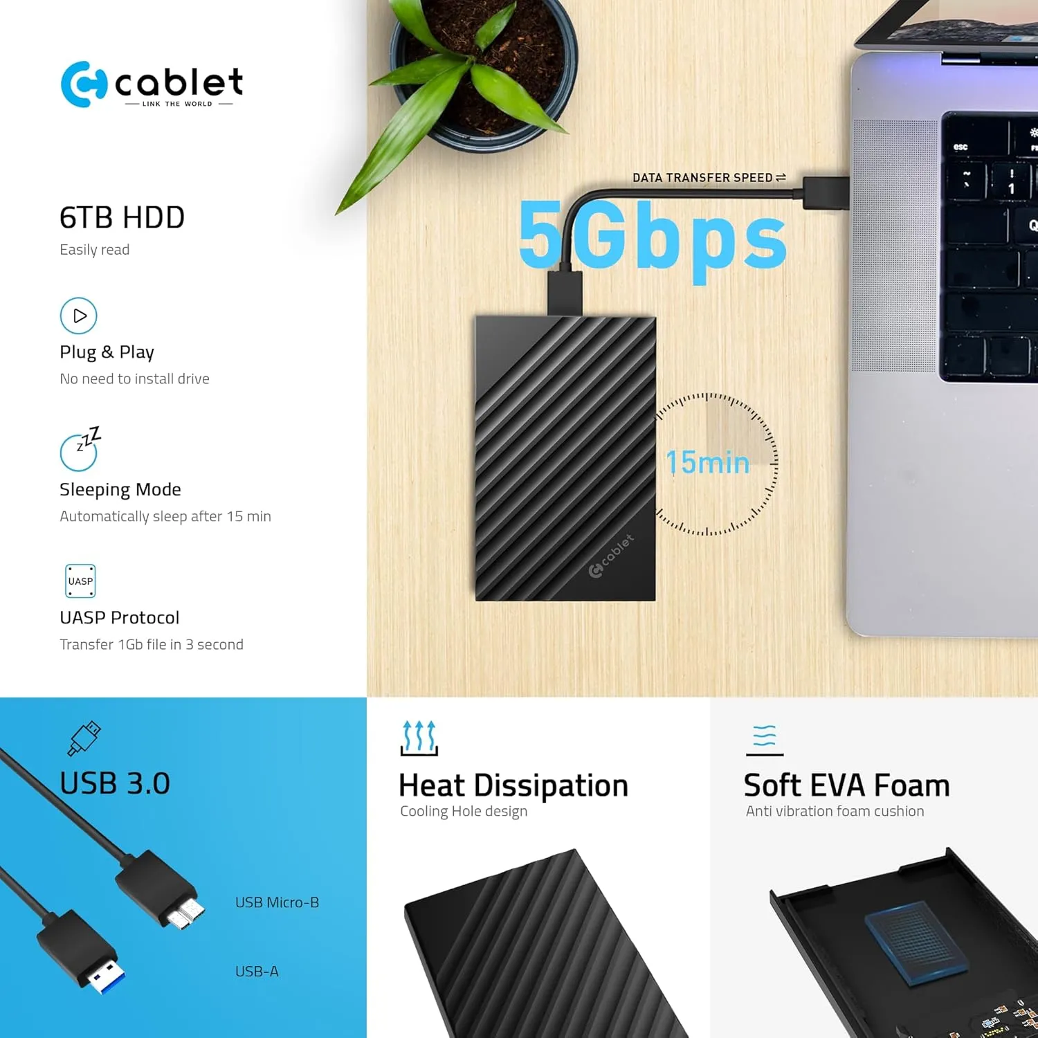 Cablet SSD Casing 2.5 Inch Sata Enclosure USB 3.2 (HD2599-U3) view 5